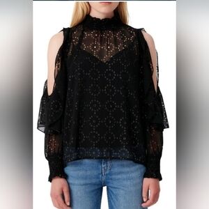 MAJE Black chiffon laser cut sheer blouse